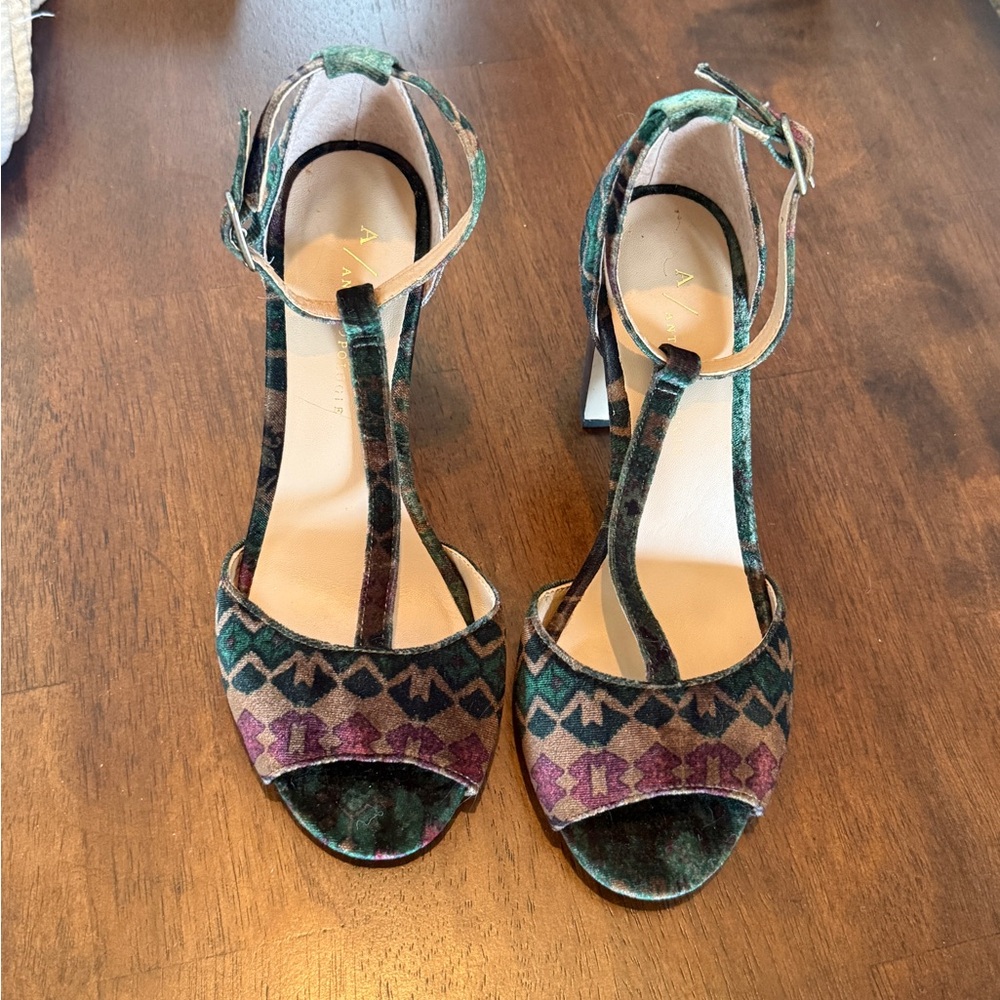 Anthropologie Green and Purple Heels with T-Strap Design